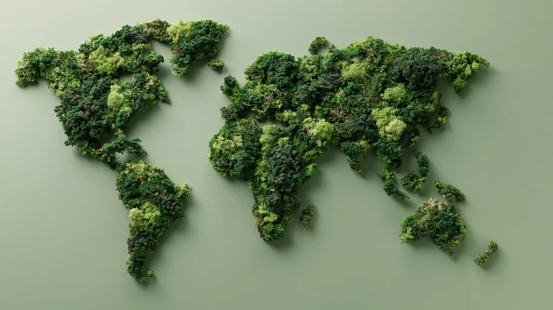 World map shape formed from dense green moss on a plain surface