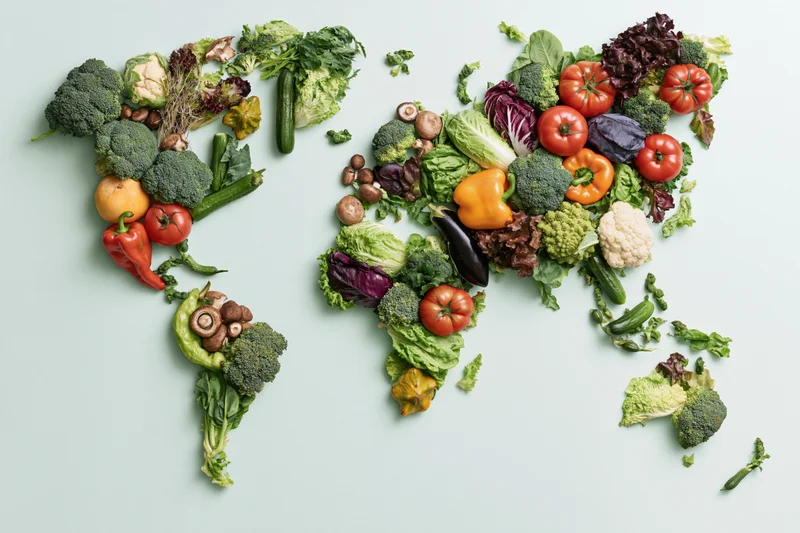 World map shape made from fresh vegetables arranged on light surface