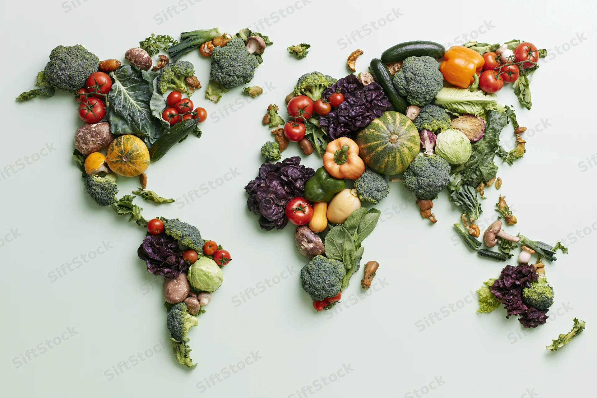 World map shape made from arranged fresh vegetables on light background