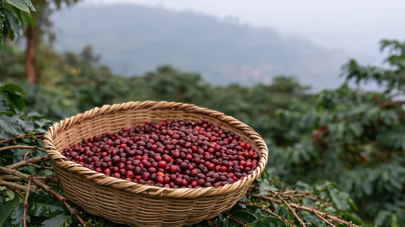 Woven bamboo basket filled with ripe red coffee cherries resting on coffee plants in a misty mountain landscape
