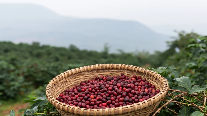 Woven bamboo basket filled with ripe red coffee cherries on a coffee farm with mountains in the background