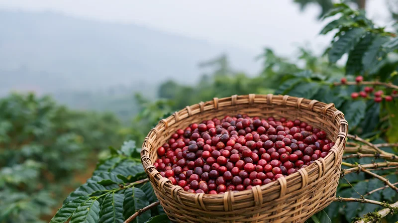 Woven bamboo basket filled with ripe red coffee cherries resting on a coffee plant in a misty mountain farm
