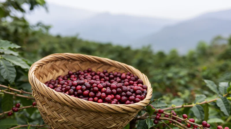 Woven bamboo basket filled with ripe red coffee cherries on a coffee farm with mountains in the background