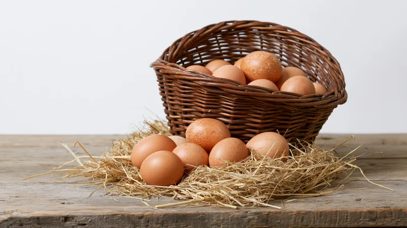 Brown chicken eggs in a tipped wicker basket on straw atop a wooden table