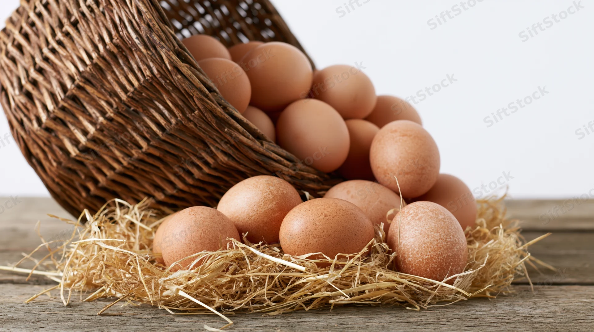 Brown chicken eggs spilling from a tipped wicker basket onto straw on a wooden table