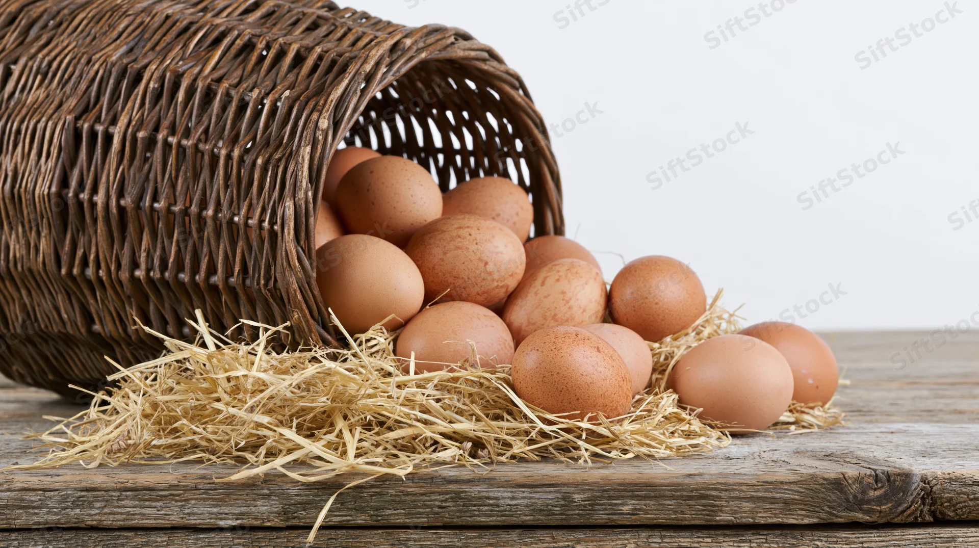 Brown chicken eggs spilling from a tipped wicker basket onto straw on a wooden table