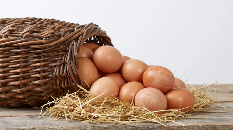 Brown chicken eggs spilling from a tipped wicker basket onto straw on a wooden table
