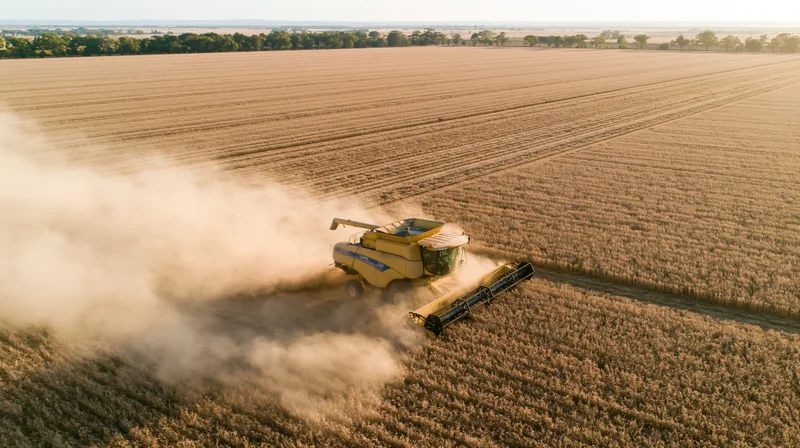 Yellow combine harvester cutting through a vast soybean field during harvest season