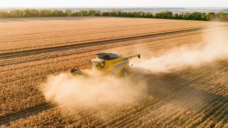 Yellow combine harvester moving through a vast soybean field at golden hour