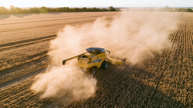 Yellow combine harvester harvesting soybeans in a vast field at golden hour