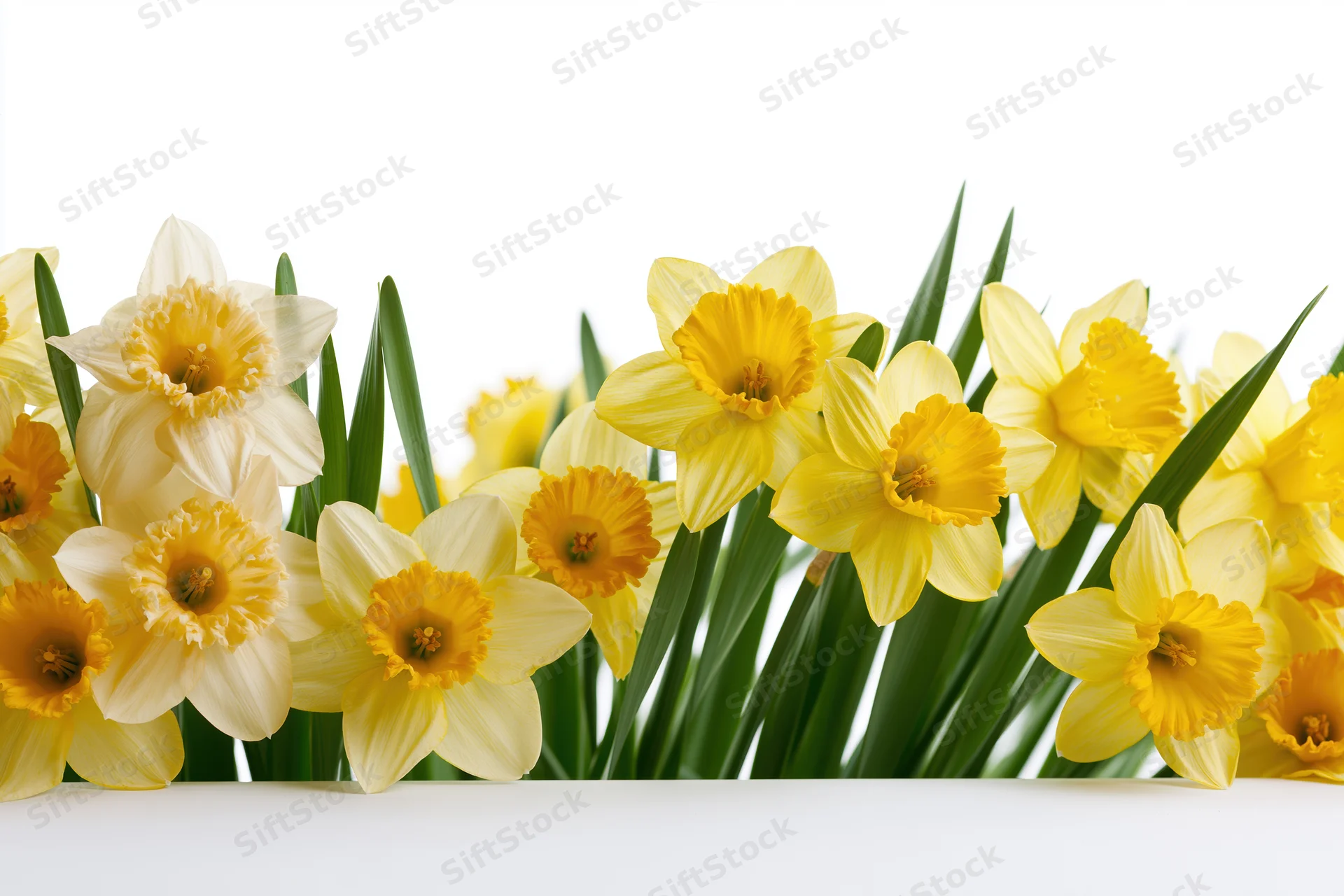 Daffodils in full bloom arranged in a row along the bottom edge against white background