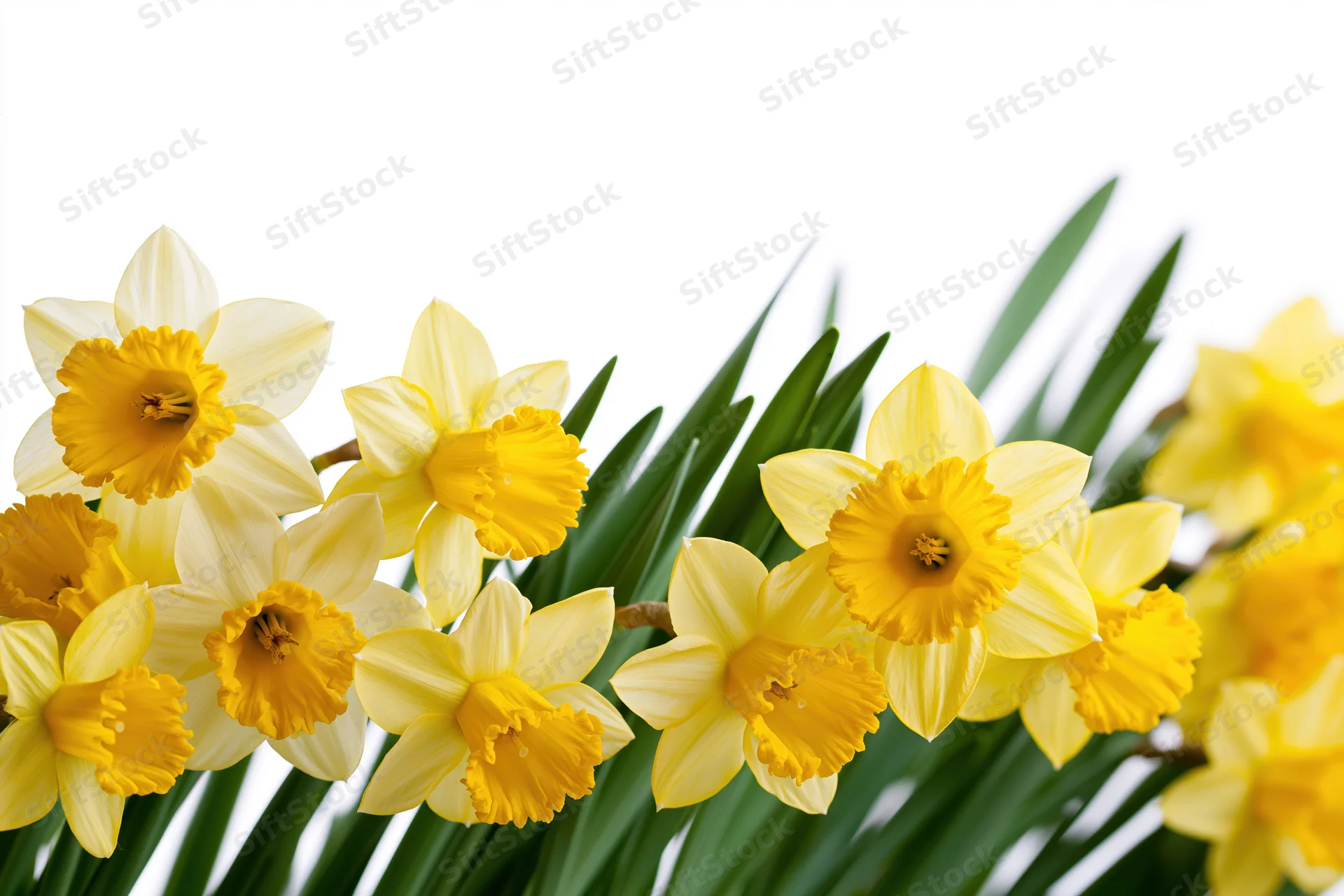 Daffodils in full bloom clustered along the bottom edge against a white background