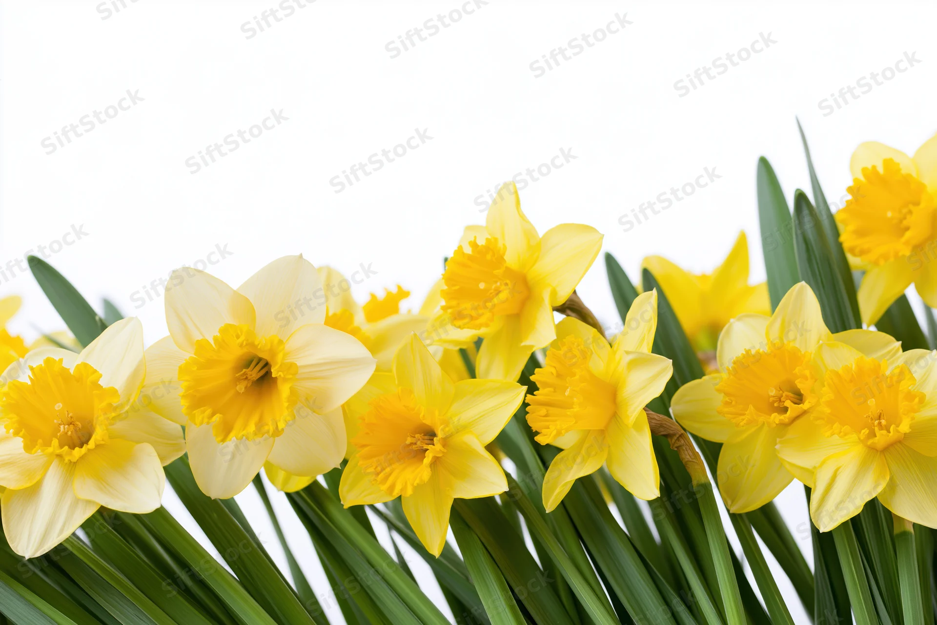 Yellow daffodils in full bloom clustered along the bottom edge against white background