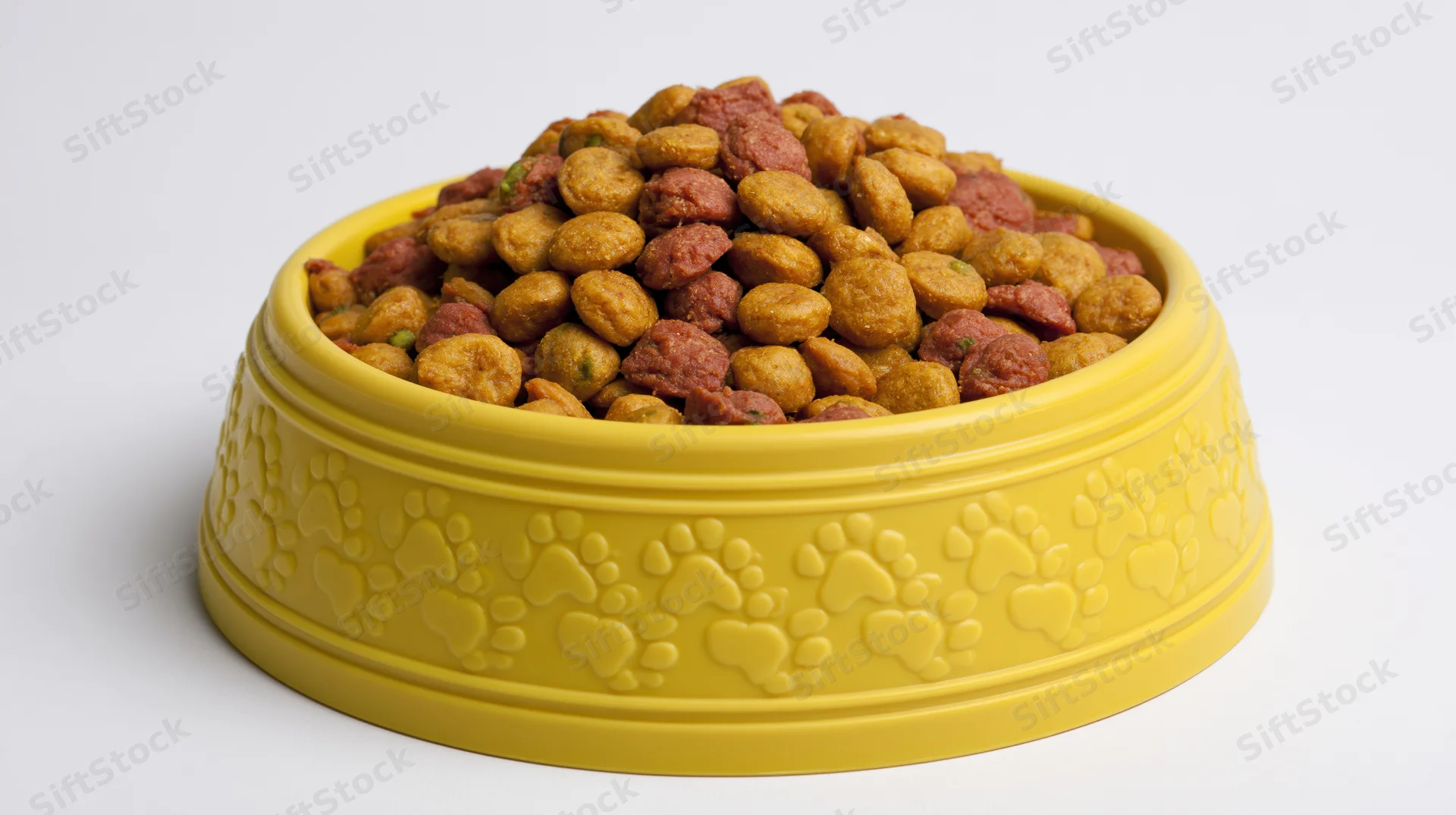 Yellow plastic pet food bowl heaped with dry kibble on white background