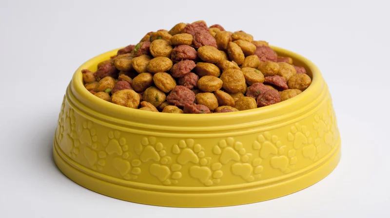 Yellow plastic pet food bowl heaped with dry kibble on white background