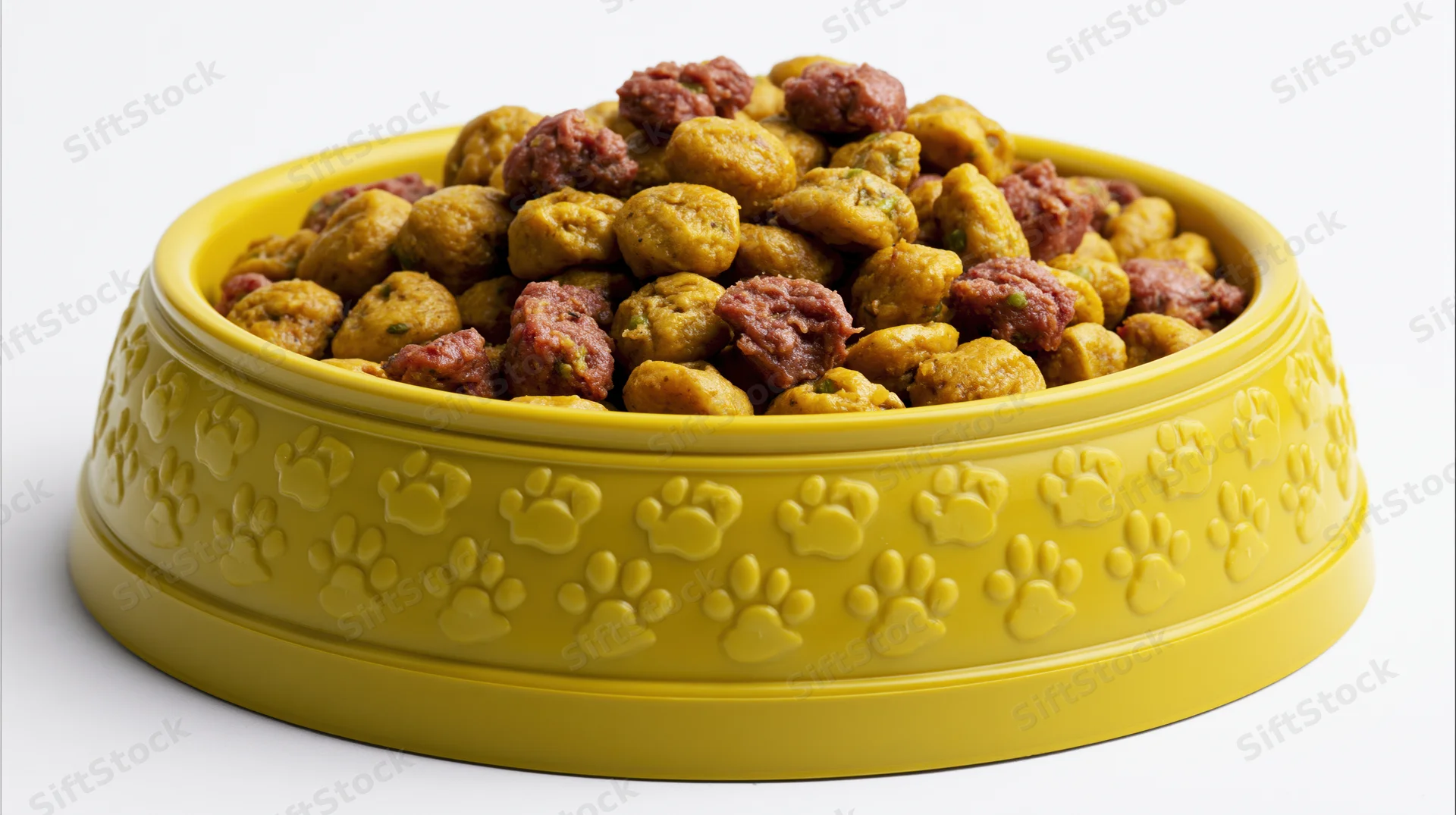 Yellow plastic pet food bowl heaped with dry kibble against white background