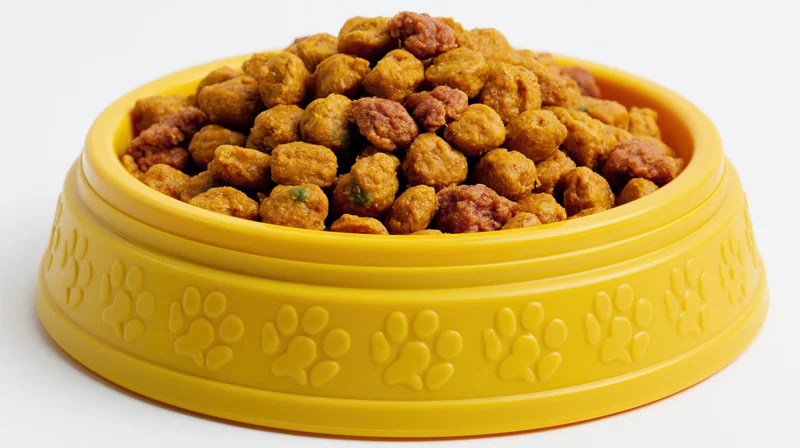 Yellow plastic pet food bowl heaped with dry kibble on white background