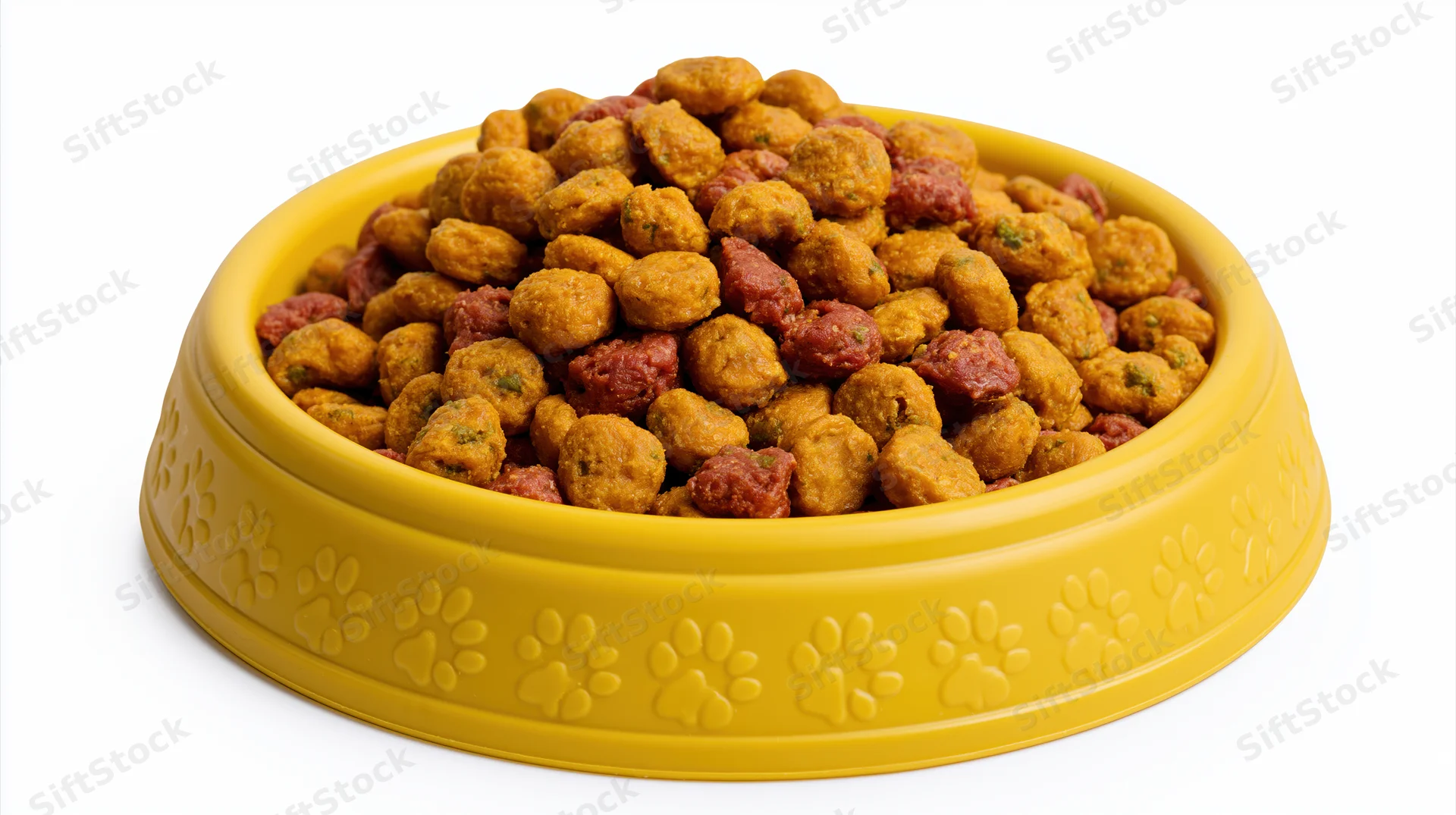 Yellow plastic pet food bowl heaped with dry kibble on white background