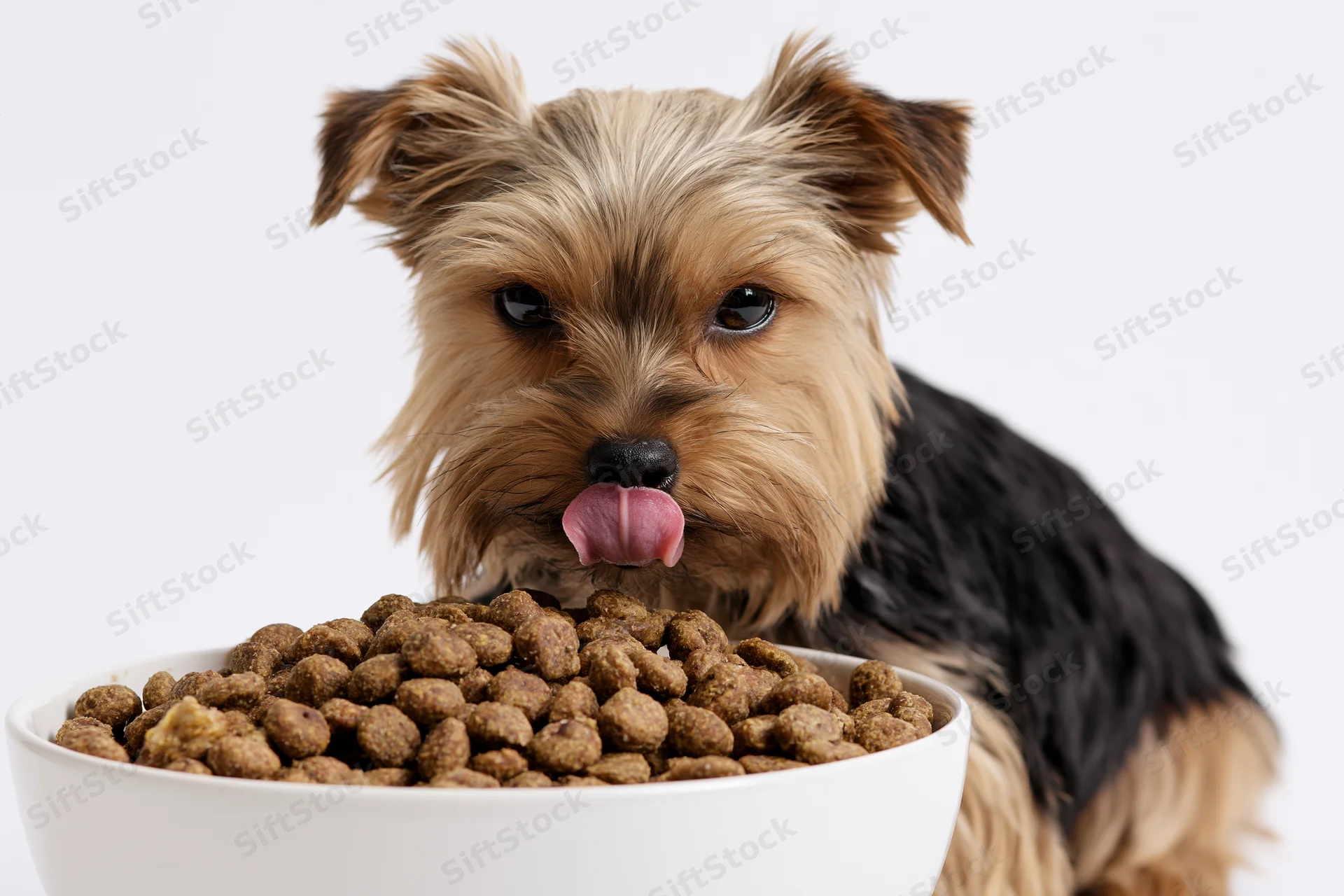 Yorkshire terrier puppy licking its nose while sitting behind a bowl of dry dog food