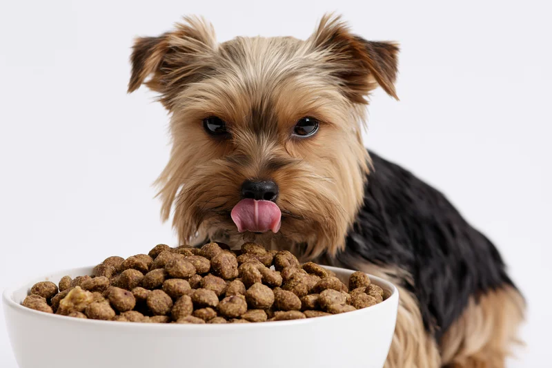 Yorkshire terrier puppy licking its nose while sitting behind a bowl of dry dog food