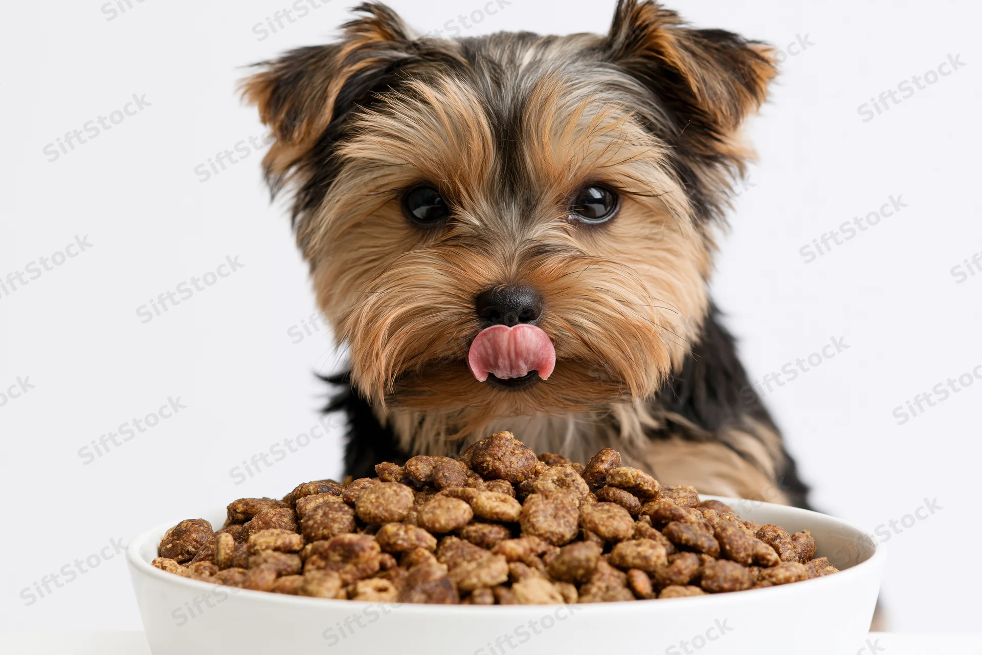 Yorkshireterrier puppy licking its nose while sitting behind a bowl of dry dog food