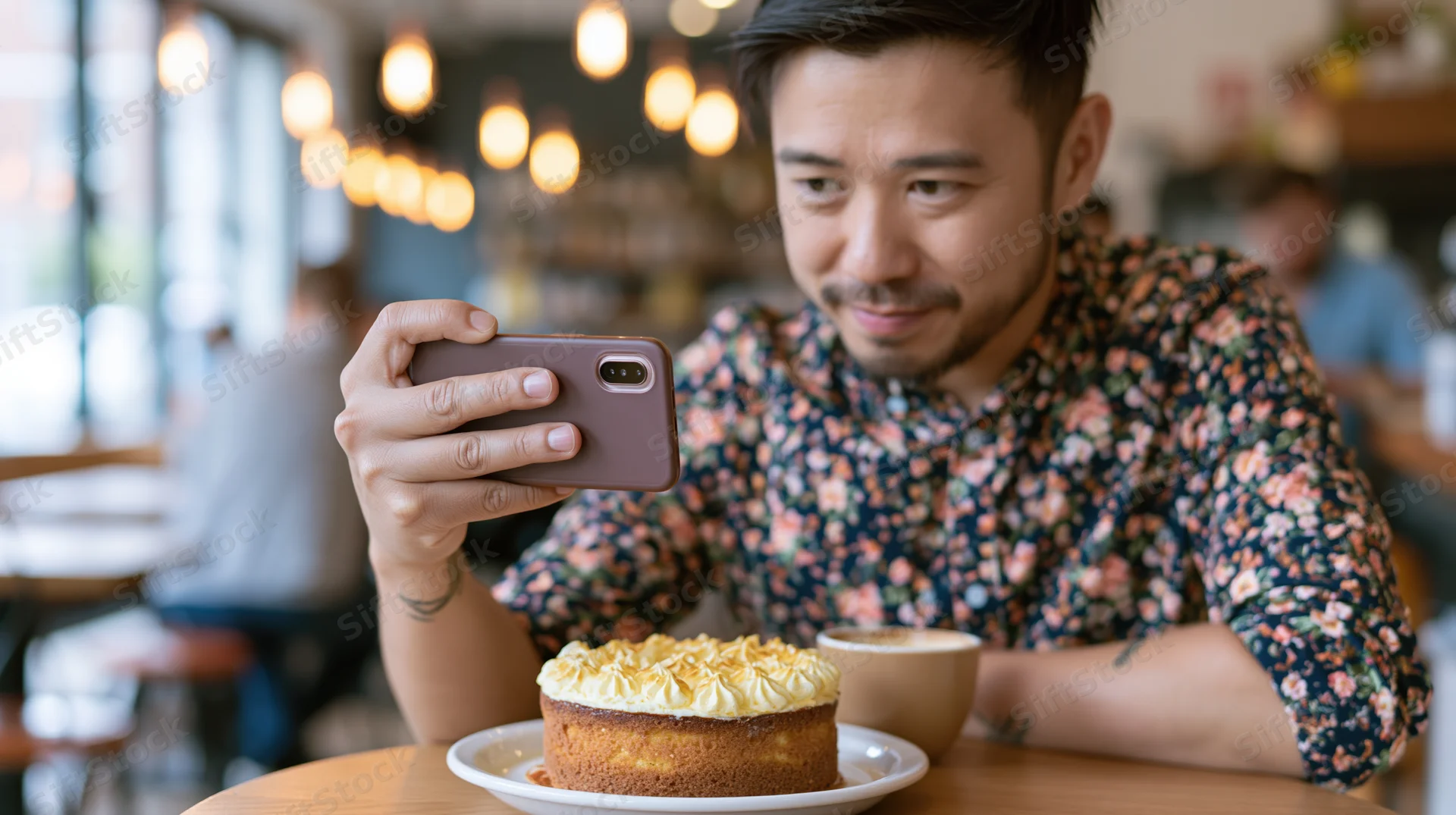 Young asian man photographing a cream-topped cake with smartphone in a cafe