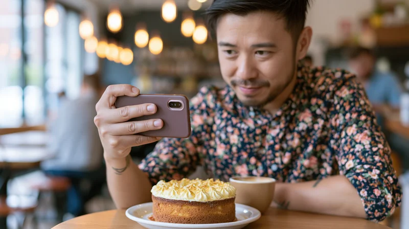 Young asian man photographing a cream-topped cake with smartphone in a cafe