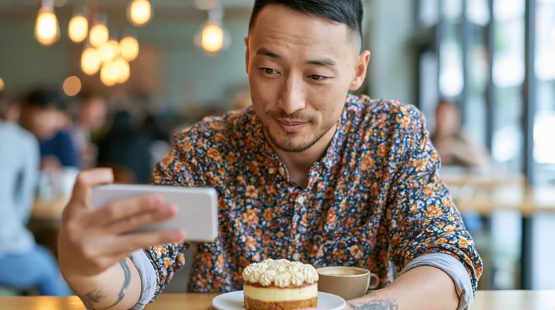 Asian man taking photo of cream-topped cake with smartphone at cafe table