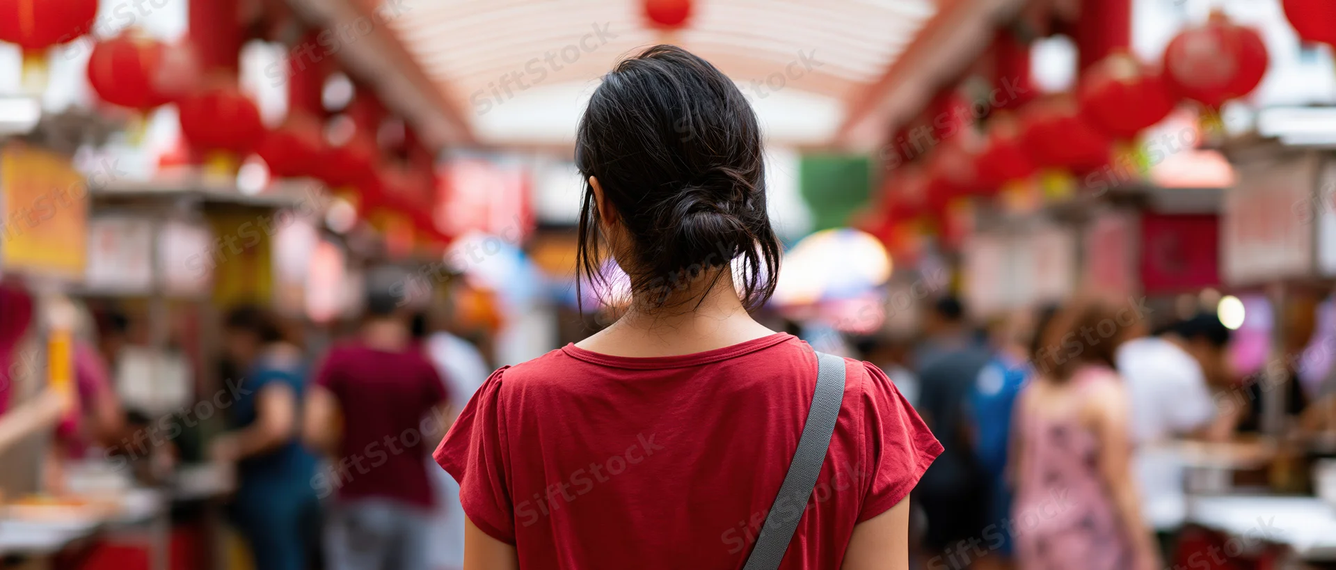 Asian woman walking through a busy outdoor market with red lanterns overhead
