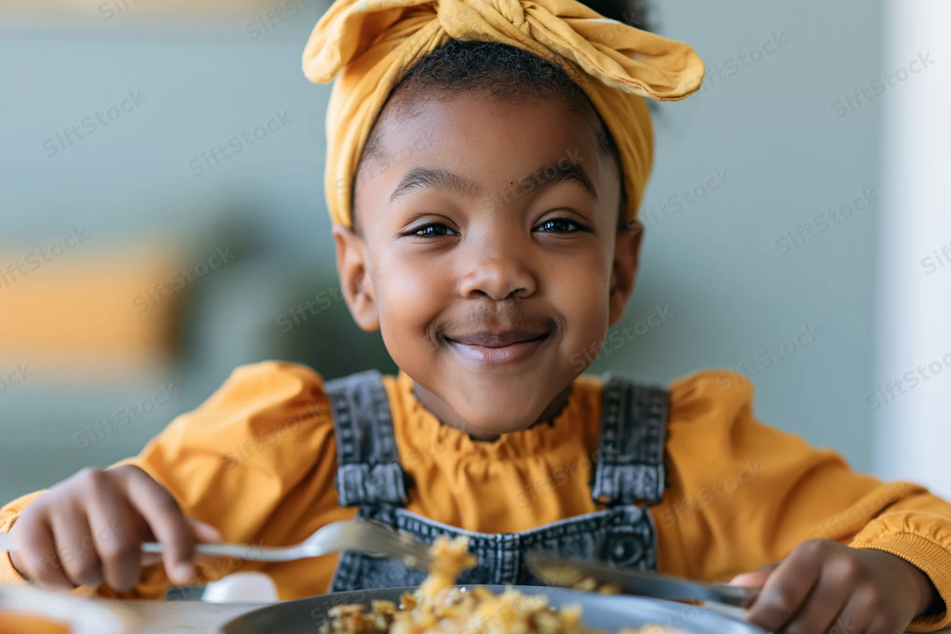 Young black girl smiling while eating breakfast at dining table