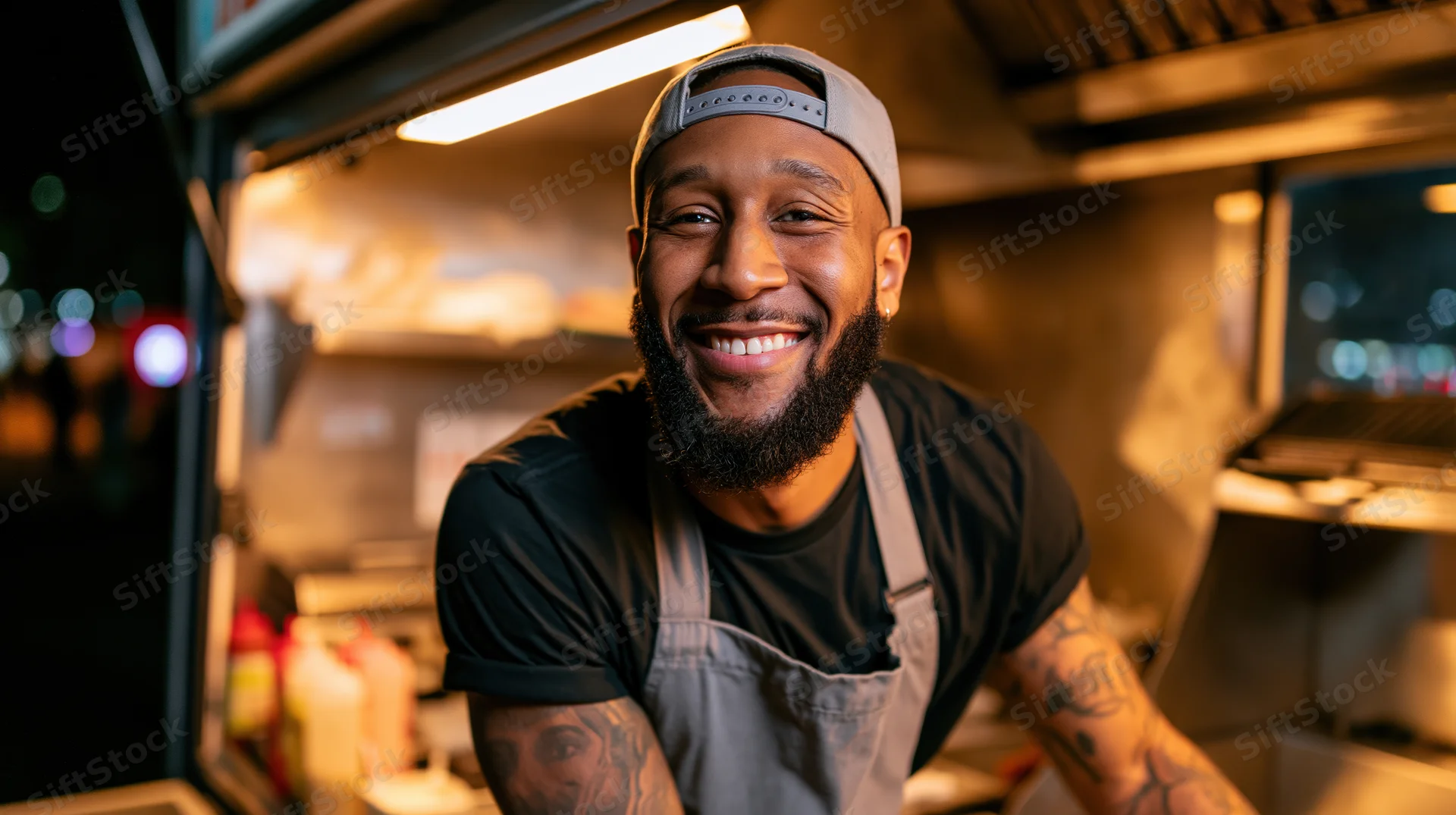 Smiling black man with beard and arm tattoos wearing apron and cap inside food truck at night