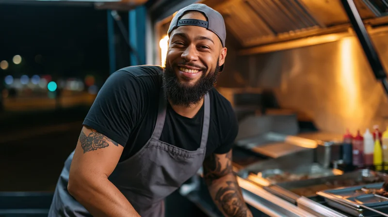 Smiling black man with beard and arm tattoos wearing apron and cap in food truck kitchen at night