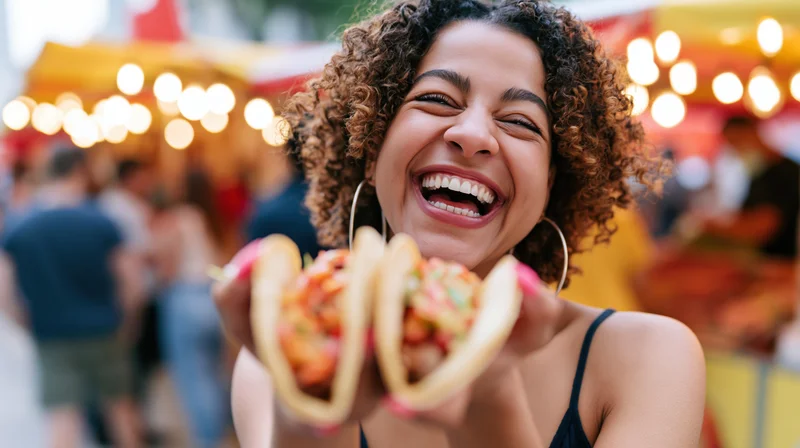 Young black woman laughing while holding two hotdogs at a street food festival