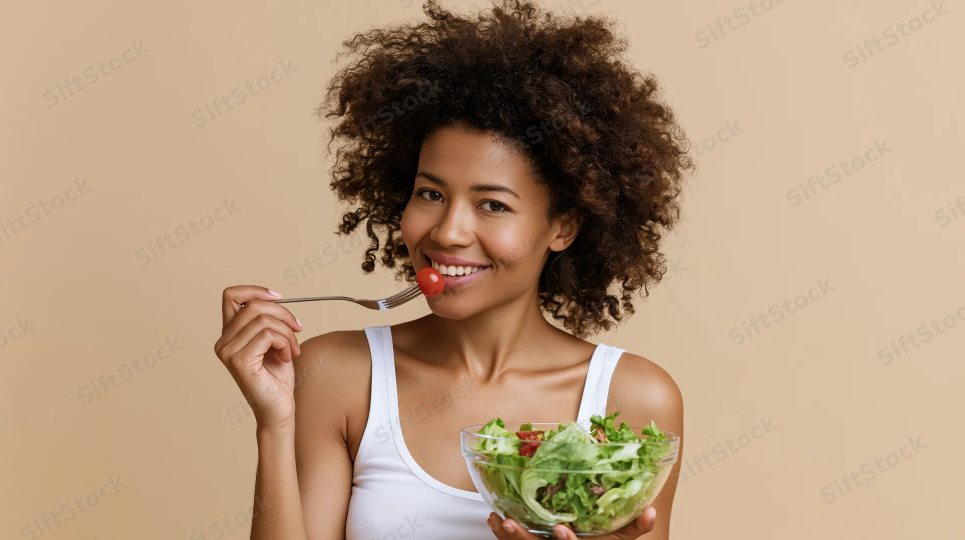 Young black woman eating a cherry from a salad bowl, smiling at camera in studio setting