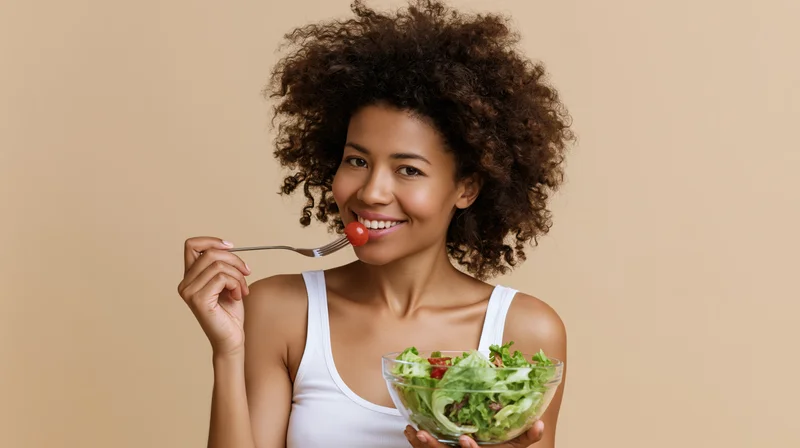 Young black woman eating a cherry from a salad bowl, smiling at camera in studio setting