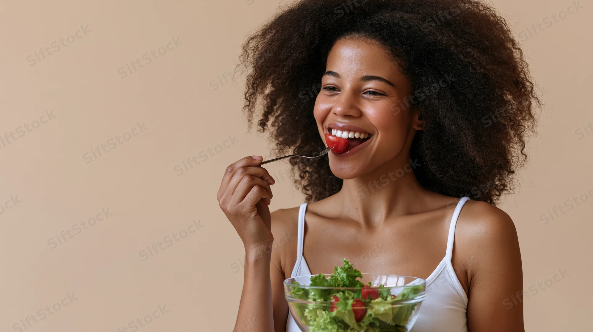 Young black woman smiling while eating a cherry from a salad bowl in a studio setting