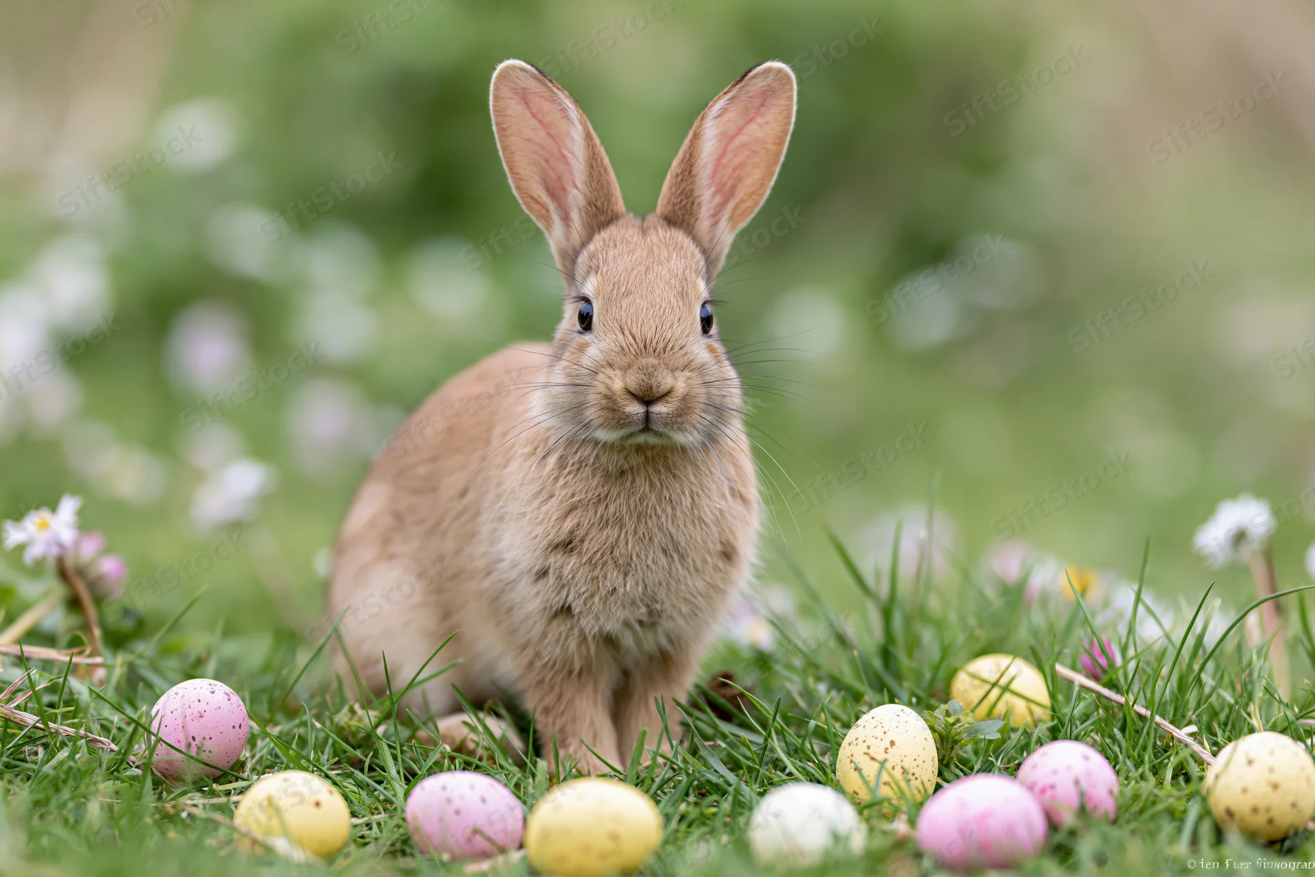 Young brown rabbit sitting upright in a grassy meadow surrounded by colorful speckled eggs and small white flowers