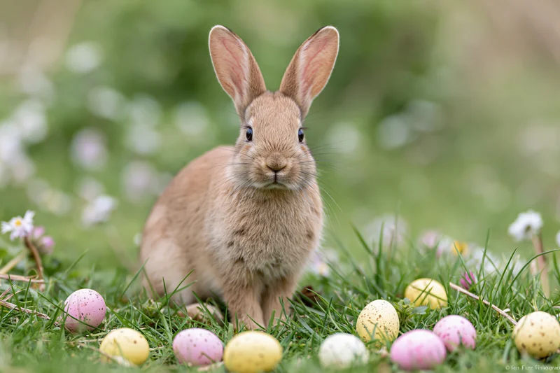 Young brown rabbit sitting upright in a grassy meadow surrounded by colorful speckled eggs and small white flowers