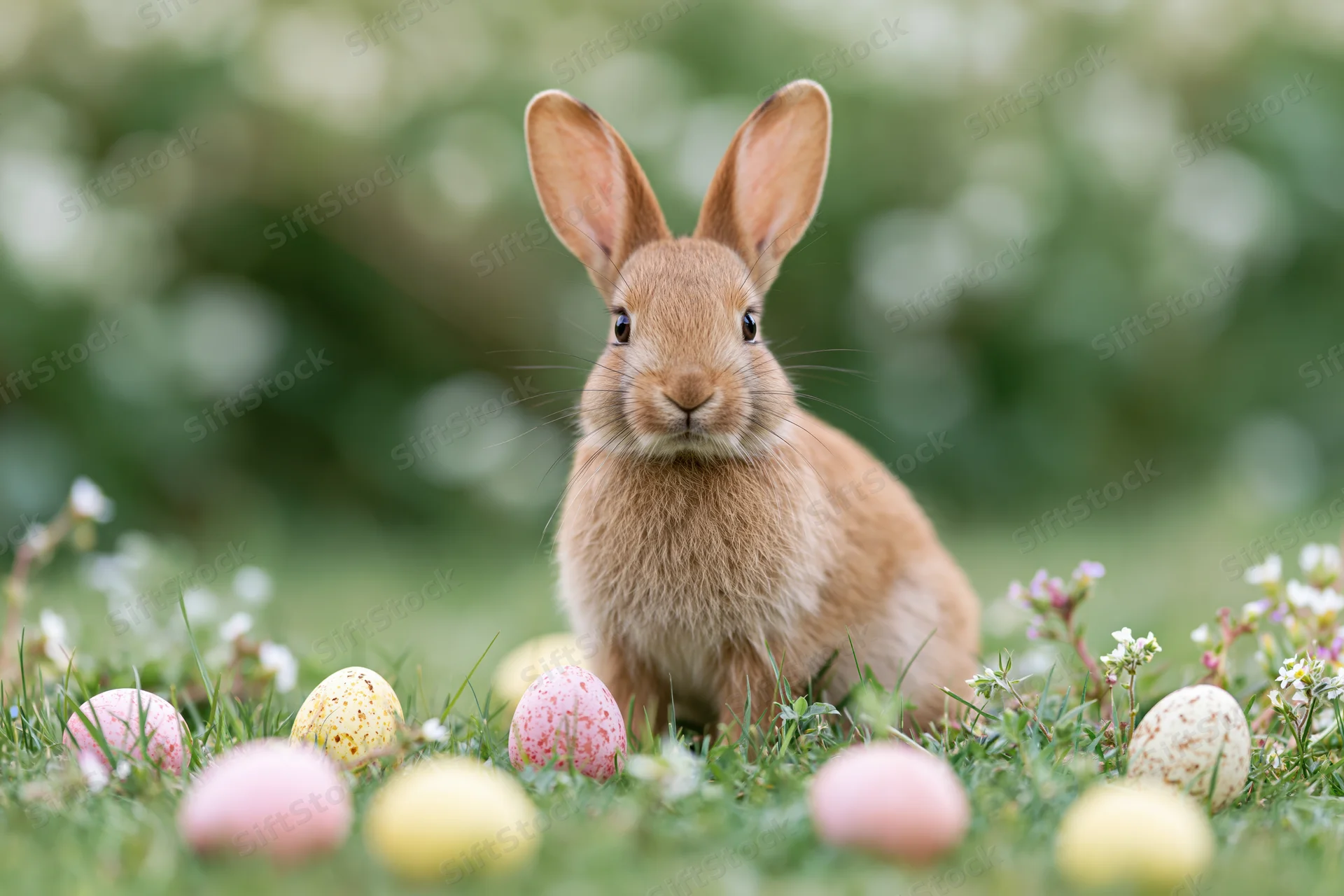 Young brown rabbit sitting upright in a grassy meadow surrounded by colorful decorated eggs and small white flowers