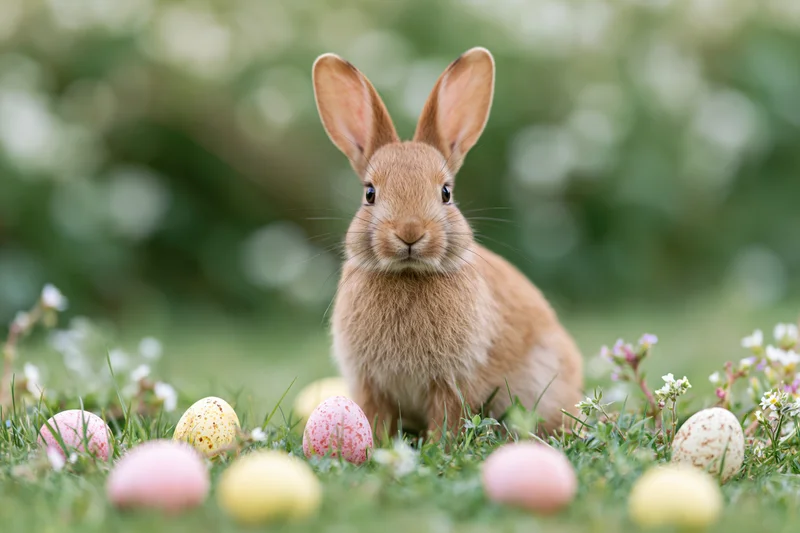 Young brown rabbit sitting upright in a grassy meadow surrounded by colorful decorated eggs and small white flowers