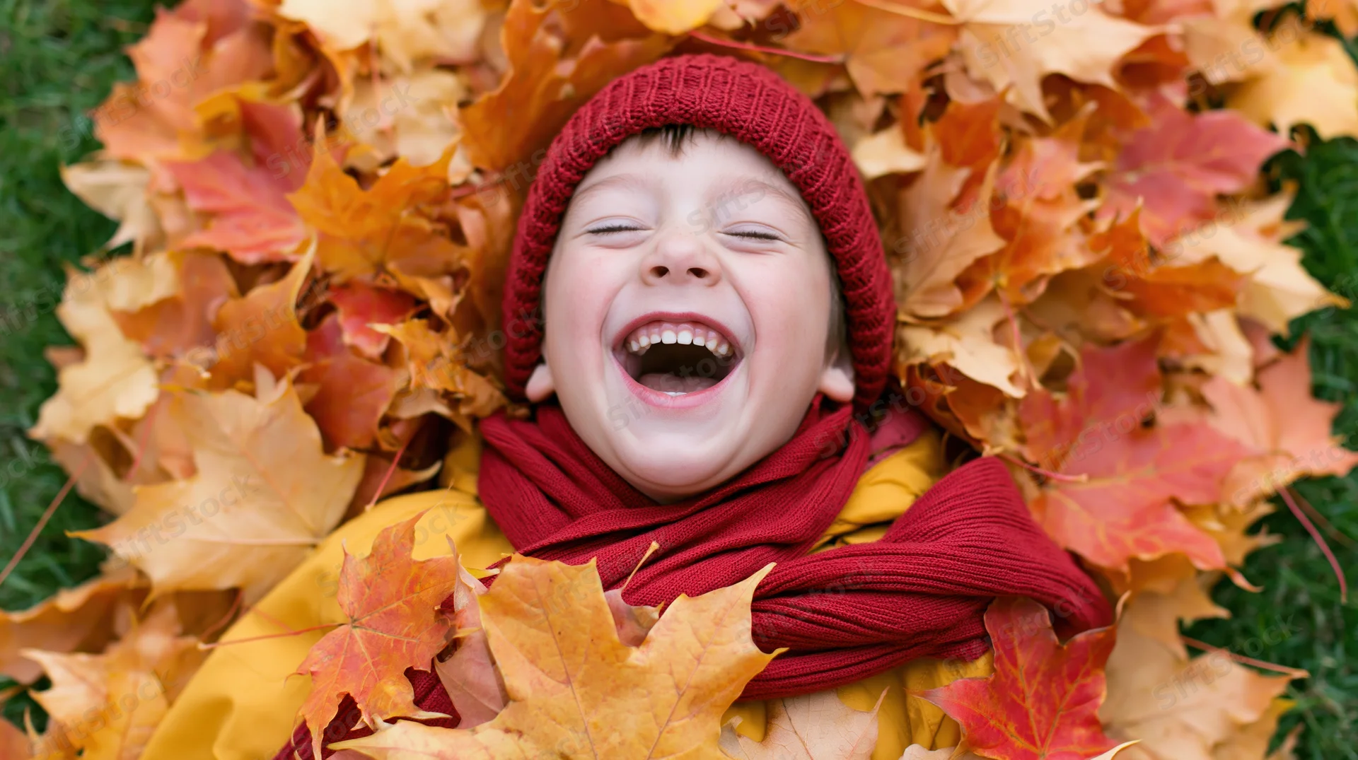 Young boy laughing while lying buried in a pile of autumn maple leaves on grass
