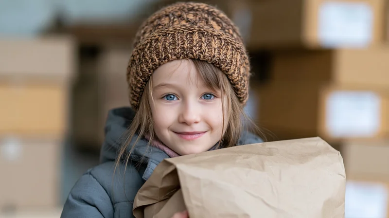 Young child smiling while holding a brown paper bag of food in a warehouse setting