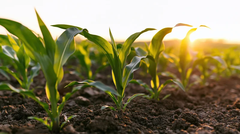Young corn seedlings growing in rows from dark soil at sunrise