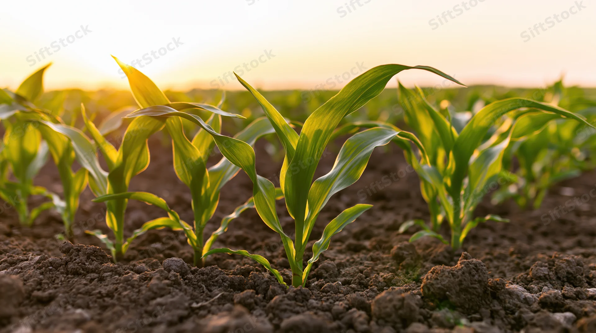 Young corn seedlings growing in rows in tilled soil at sunrise