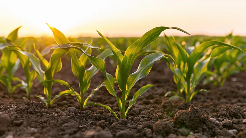 Young corn seedlings growing in rows in tilled soil at sunrise