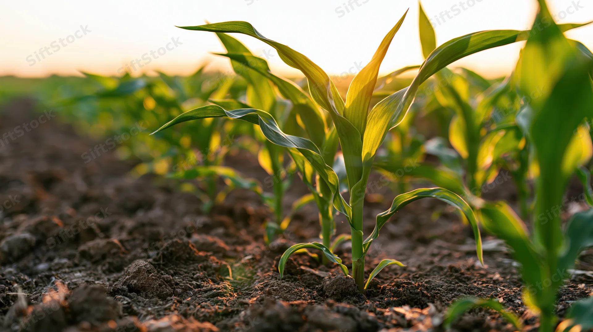 Young corn seedlings growing in rows from dark brown tilled soil at sunrise