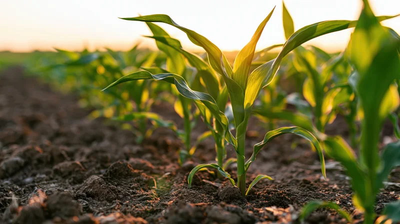 Young corn seedlings growing in rows from dark brown tilled soil at sunrise