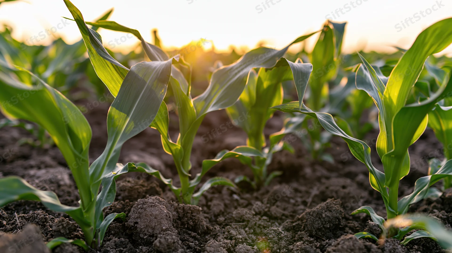 Young corn seedlings growing in rows in tilled soil at sunrise