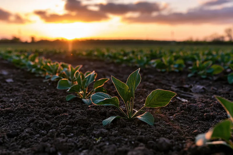 Young seedlings growing in rows of dark tilled soil at sunset