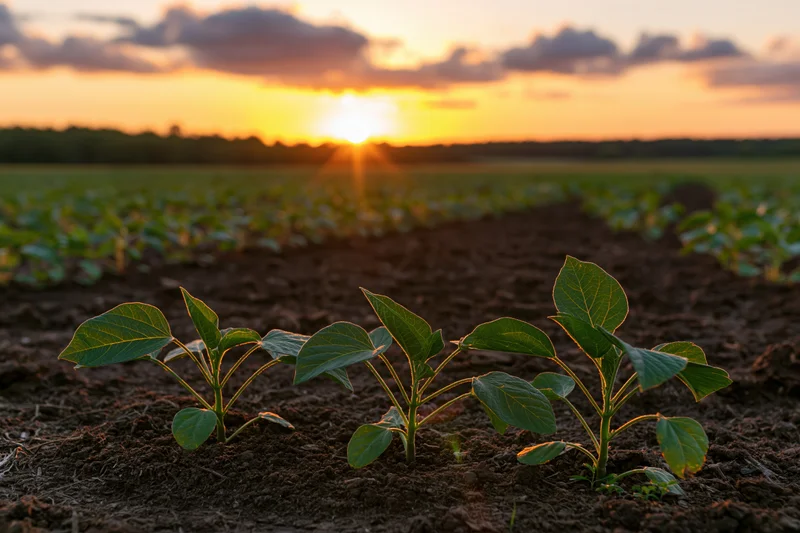Young soybean seedlings growing in rows on tilled soil at sunset